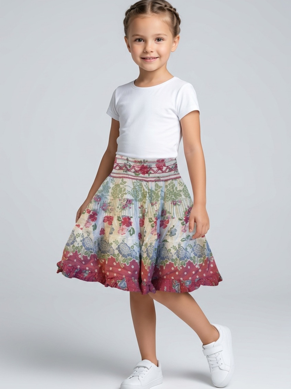 Girls Floral Tiered Swing Skirt - White & Multi